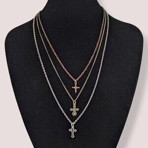 3-Strand Multi-Tone Cross Necklace
